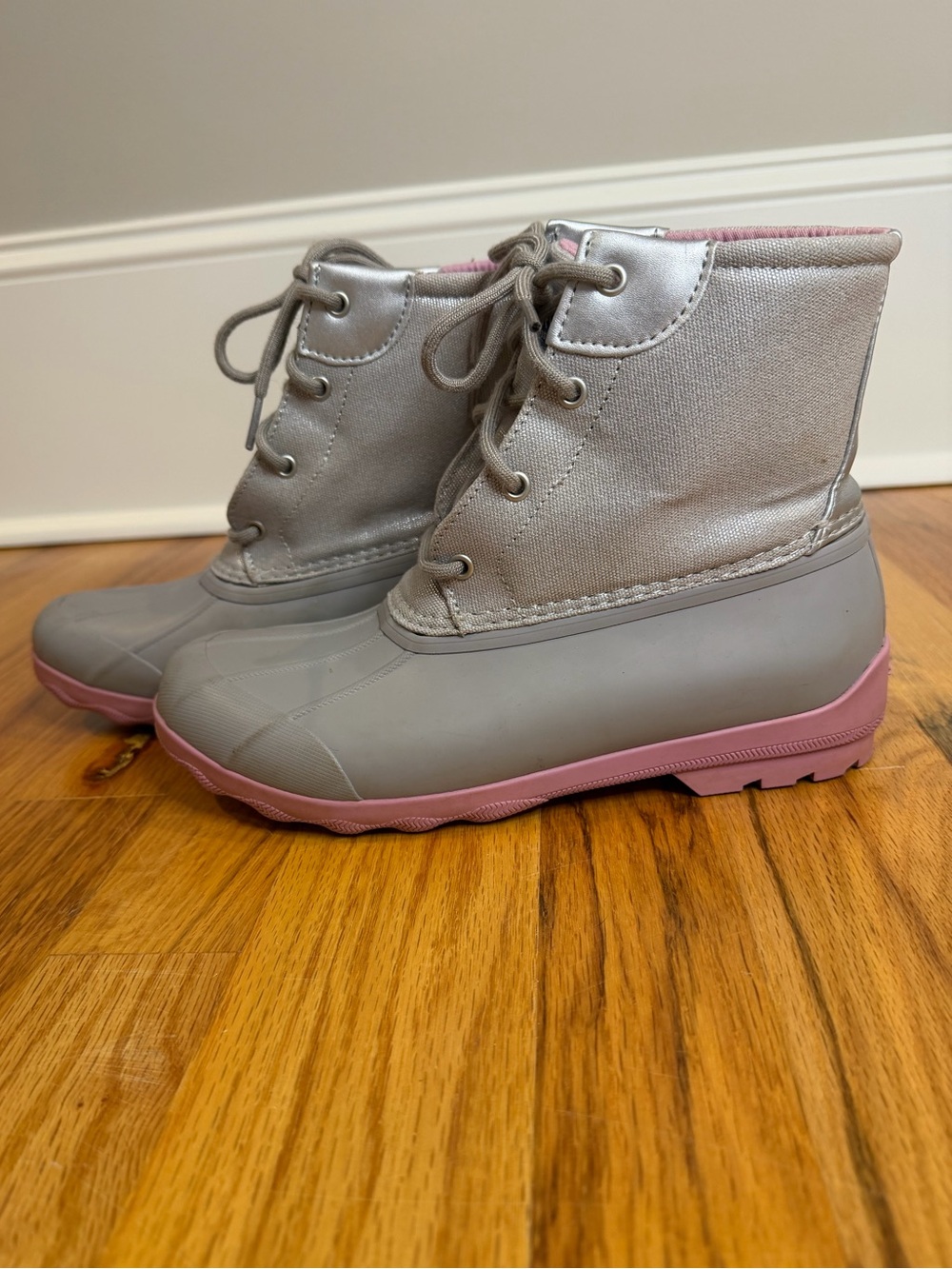 Sperry Port Girls Silver Pink Duck Boots Size 6M